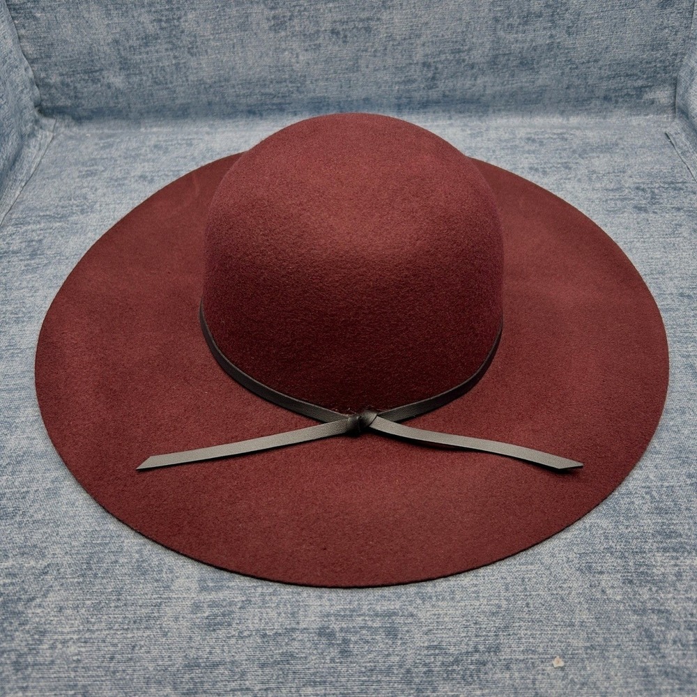 D&Y David & Young 100% Wool Felt Floppy Wide Brim Hat Burgundy Black Tie Band